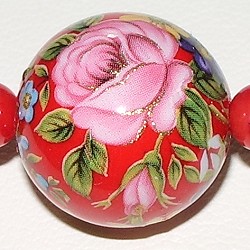 tehsha bead - red with pink rose